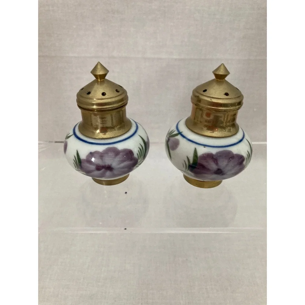 Vintage Thai Salt and Pepper Shaker Condiment Set w/ Oval Brass Tray